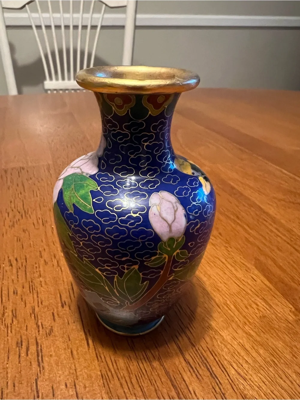 Hand-Painted Cloisonné Floral Vase - Blue and Pink, vintage